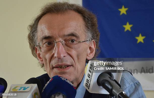 The Director of Operations, European Commissions Humanitarian Aid and Civil Protection Department (ECHO) Jean-Louis de Brouwer speaks to the press in Juba on September 17, 2014 during a short visit where he met humanitarian organizations, officials and people who have been affected by the current conflict in the country. The government in war-torn South Sudan said today it will not be expelling any foreign workers, reversing a policy announcement made the previous day that caused a storm of protests from aid agencies and neighbouring countries. AFP PHOTO / SAMIR BOL        (Photo credit should read SAMIR BOL/AFP via Getty Images)